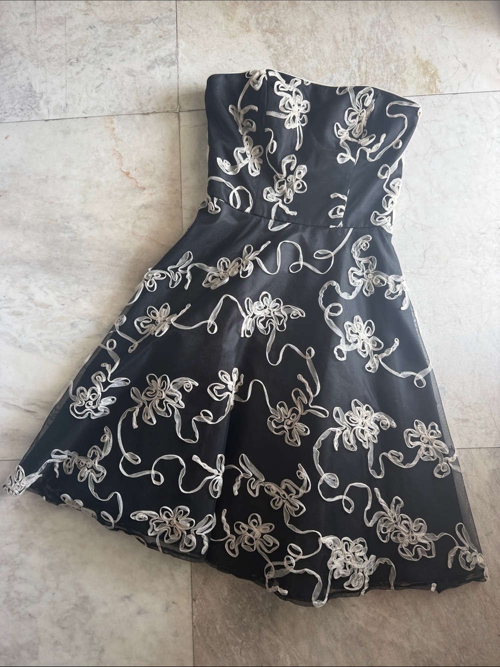 Vintage Strapless Black Masquerade Dress | Embroidered Tulle Party Mini